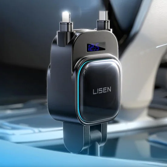 Зарядно за кола (YL0224080017) - Lisen - 4в1, USB, Type-C, с 2х прибиращи се кабели, LED дисплей, 96W, 12V/24V - Черно