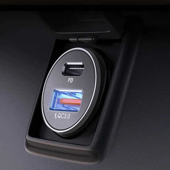 Зарядно за кола (YL0223080047) - Lisen - USB, Type-C, с брониран Type-C кабел, 12V/24V - Черно / Тъмносин
