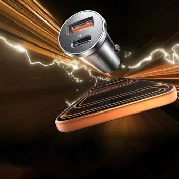 Зарядно за кола (YL0223080047) - Lisen - USB, Type-C, с брониран Type-C кабел, 12V/24V - Черно / Тъмносин