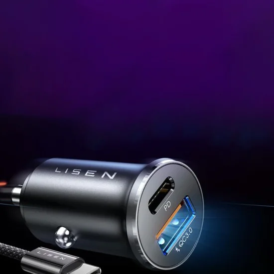 Зарядно за кола (YL0223110003) - Lisen - с Type-C оплетен кабел, USB, USB-C, PD65W, QC3.0, алуминиева сплав - Сребрист