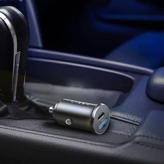 Зарядно за кола (YL0223110003) - Lisen - с Type-C оплетен кабел, USB, USB-C, PD65W, QC3.0, алуминиева сплав - Сребрист