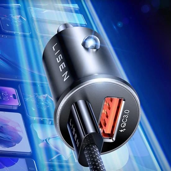 Зарядно за кола (YL0223110003) - Lisen - с Type-C оплетен кабел, USB, USB-C, PD65W, QC3.0, алуминиева сплав - Сребрист