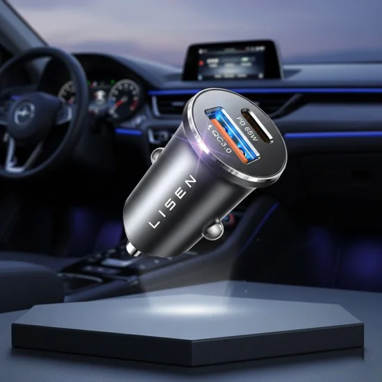 Зарядно за кола (YL0223110003) - Lisen - с Type-C оплетен кабел, USB, USB-C, PD65W, QC3.0, алуминиева сплав - Сребрист