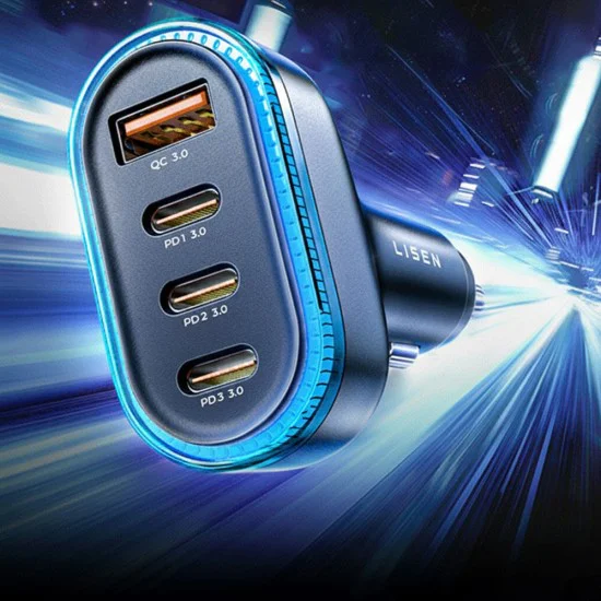 Зарядно за кола (YL0223120021) - Lisen - с Type-C кабел, USB, 3x Type-C, 101W, бързо зареждане, 12V/24V - Черно