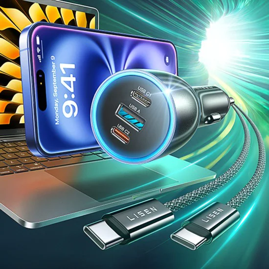 Зарядно за кола (YL0224010001) - Lisen - с Type-C кабел, USB-A, Type-C, 170W, GaN, алуминиева сплав, 12V/24V, 1м - Черно