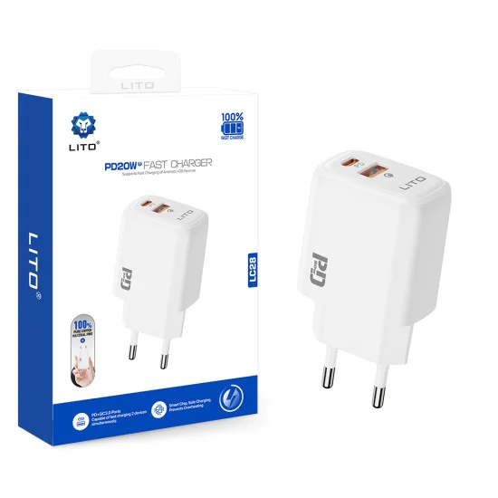 Зарядно устройство Lito (LC28) - Type-C, USB, PD20W, огнеупорен PC - Бяло
