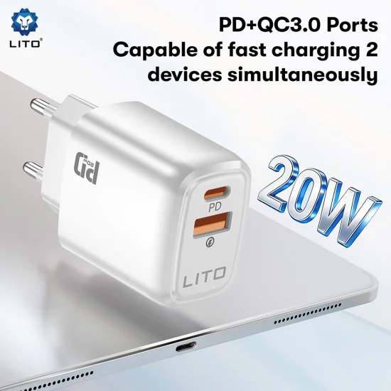 Зарядно устройство Lito (LC28) - Type-C, USB, PD20W, огнеупорен PC - Бяло