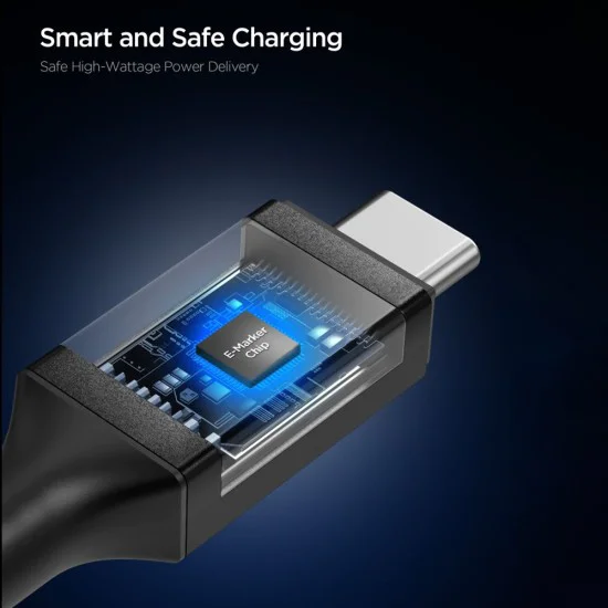 Кабел за данни Spigen Essential EB10015CC (ACA10421) - Type-C, 100W, 5Gbps, E-Marker, 1.5м - Черен