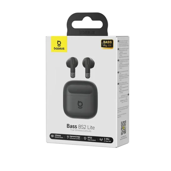 Безжични слушалки Baseus Bass BS2 Lite (A0010A02) - Bluetooth 6.0, SuperBass, 2-Mic ENC, IP55 - Черни