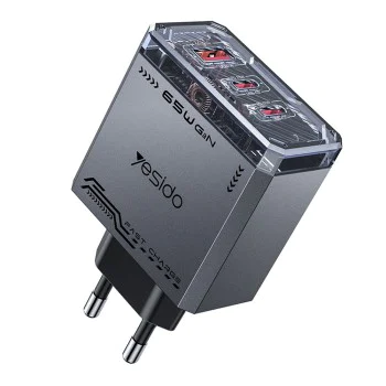 Зарядно устройство за стена Yesido YC101 - USB, 2x Type-C, GaN, Fast Charging, 65W, 5V/3A, CE, FCC, ROHS, VO - Черно