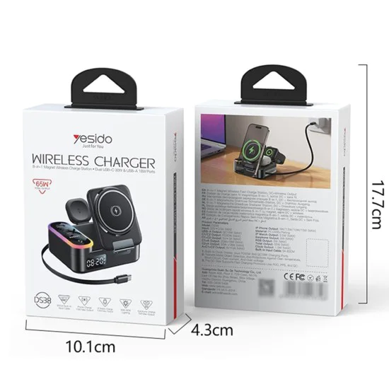 Стойка за безжично зареждане Yesido DS38 - 8in1, MagSafe, Fast Charging, за iPhone, Apple Watch, Earbuds, 65W - Черна