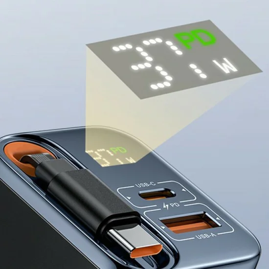 Зарядно устройство за стена Yesido YC100 - USB, Type-C, GaN, Fast Charging, Digital Display, 67W, Retractable Type-C Cable, 65cm - Черно