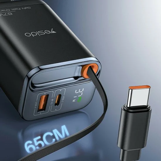 Зарядно устройство за стена Yesido YC100 - USB, Type-C, GaN, Fast Charging, Digital Display, 67W, Retractable Type-C Cable, 65cm - Черно