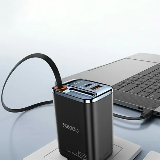 Зарядно устройство за стена Yesido YC100 - USB, Type-C, GaN, Fast Charging, Digital Display, 67W, Retractable Type-C Cable, 65cm - Черно