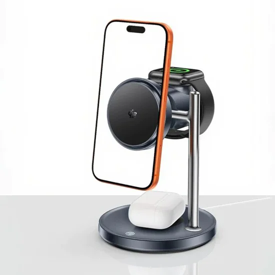 Стойка за безжично зареждане 3in1 Yesido DS40 - за Phone, Earphone, Watch с Touch Switch, Fan, Qi2.2, 25W, Type-C Cable - Черна