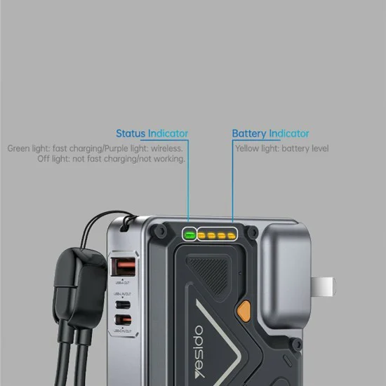 Външна батерия Yesido YP89 - Magnetic, Fast Charge, USB, Lightning, Type-C, Built-in Stand, LED Lights, 10000mAh, 22.5W - Сива