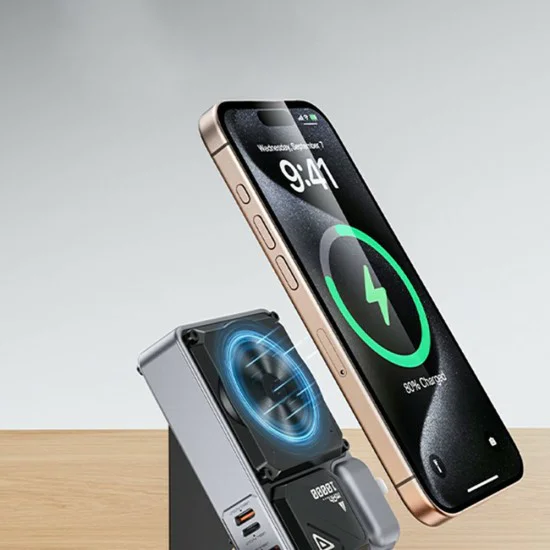 Външна батерия Yesido YP89 - Magnetic, Fast Charge, USB, Lightning, Type-C, Built-in Stand, LED Lights, 10000mAh, 22.5W - Сива