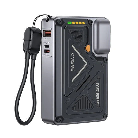 Външна батерия Yesido YP89 - Magnetic, Fast Charge, USB, Lightning, Type-C, Built-in Stand, LED Lights, 10000mAh, 22.5W - Сива