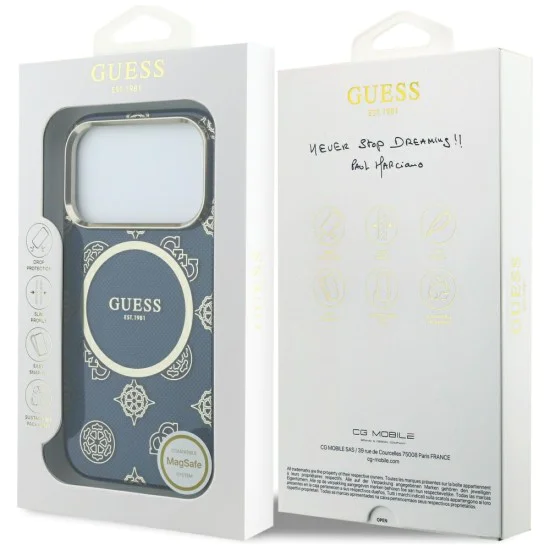 Калъф за iPhone 17 Pro - Guess IML Peony Dot MagSafe - Син