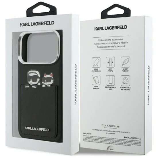 Калъф за iPhone 17 Pro Max - Karl Lagerfeld Hardcase Leather K&C Print & Pocket - Черен