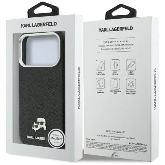 Калъф за iPhone 17 Pro Max - Karl Lagerfeld Hardcase Leather K&C Head Pin MagSafe - Черен