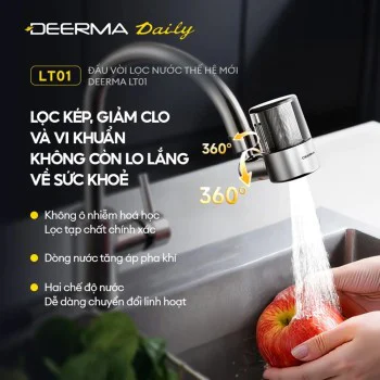 Филтър за вода за чешма Deerma LT01 - двойна филтрация, 2 режима на работа, Air-phase Pressurized Flow, 720° - Сив