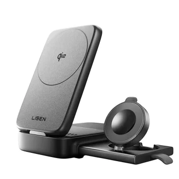 Безжично зарядно W106 (YL0424120009) 3в1 - Lisen - MagSafe, Qi2, сгъваема станция за iPhone/Apple Watch/AirPods, 15W - Сиво