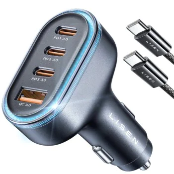 Зарядно за кола (YL0223120021) - Lisen - с Type-C кабел, USB, 3x Type-C, 101W, бързо зареждане, 12V/24V - Черно