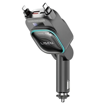Зарядно за кола (YL0224080017) - Lisen - 4в1, USB, Type-C, с 2х прибиращи се кабели, LED дисплей, 96W, 12V/24V - Черно