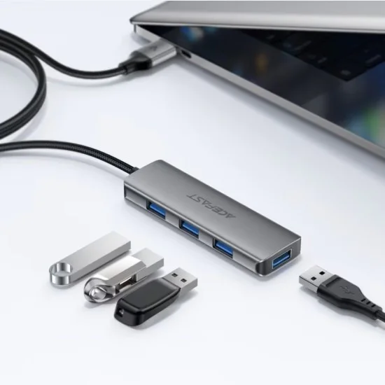 Хъб 4 в 1 Acefast (J17) - 4 x USB3.0, 5Gbps, Plug & Play, алуминиева сплав - Сив