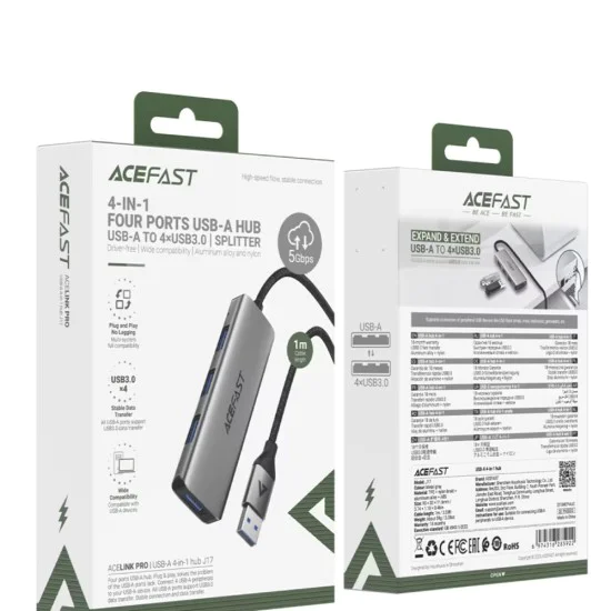 Хъб 4 в 1 Acefast (J17) - 4 x USB3.0, 5Gbps, Plug & Play, алуминиева сплав - Сив