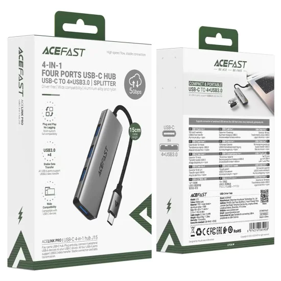 Хъб 4 в 1 Acefast (J15) - Type-C към 4x USB3.0, 5Gbps, алуминиева сплав - Сив
