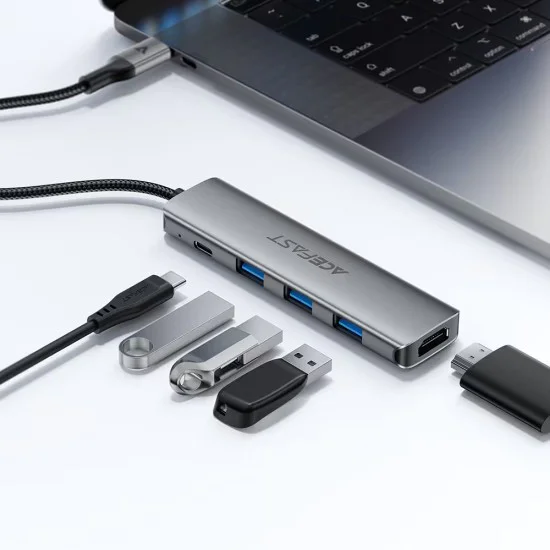 Докинг станция 5 в 1 Acefast (J16) - USB-C към 3x USB3.0, PD 90W, HDMI 4K@60Hz - Сива