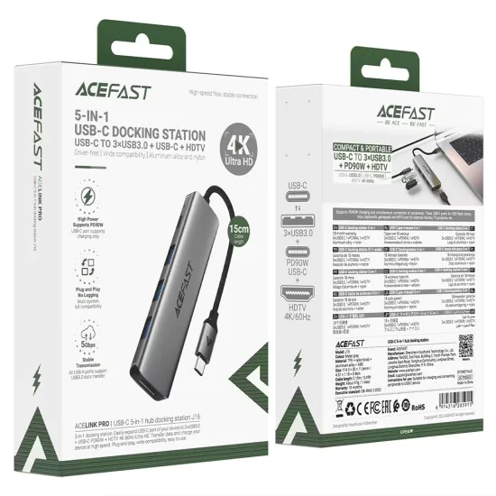 Докинг станция 5 в 1 Acefast (J16) - USB-C към 3x USB3.0, PD 90W, HDMI 4K@60Hz - Сива