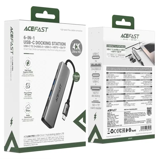 Докинг станция 6 в 1 Acefast (J18) - USB-C към 2x USB3.0, PD 90W, HDMI 4K, SD/TF - Сива
