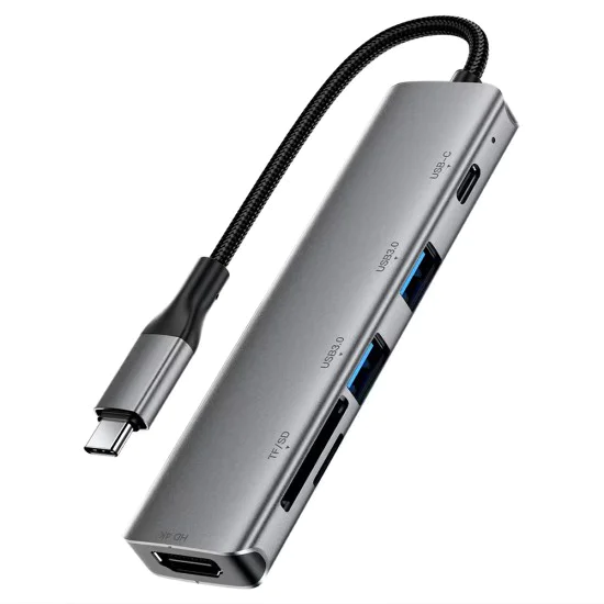 Докинг станция 6 в 1 Acefast (J18) - USB-C към 2x USB3.0, PD 90W, HDMI 4K, SD/TF - Сива