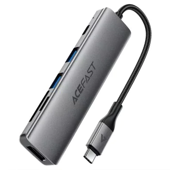 Докинг станция 6 в 1 Acefast (J18) - USB-C към 2x USB3.0, PD 90W, HDMI 4K, SD/TF - Сива