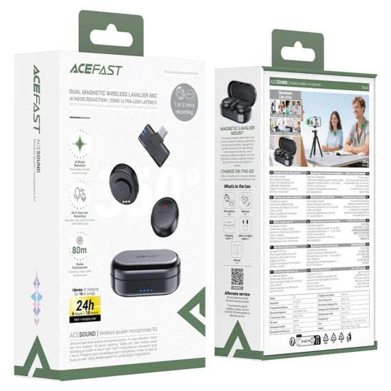 Безжичен лавалиер микрофон Acefast (R3) - двоен, AI Noise Reduction, 80м обхват - Черен