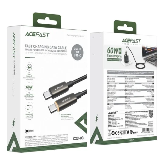 Кабел за данни Acefast (C23-03) - USB-C към USB-C, Smart Power-Off, 60W, 1.2м - Черен