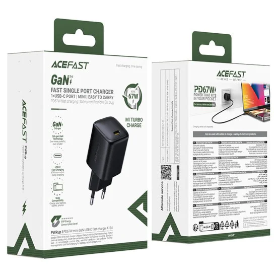 Зарядно устройство Acefast (A134) - USB-C, GaN технология, PD67W - Черно