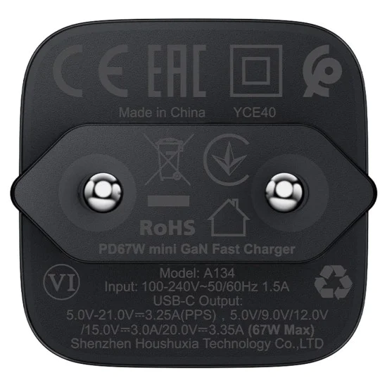 Зарядно устройство Acefast (A134) - USB-C, GaN технология, PD67W - Черно