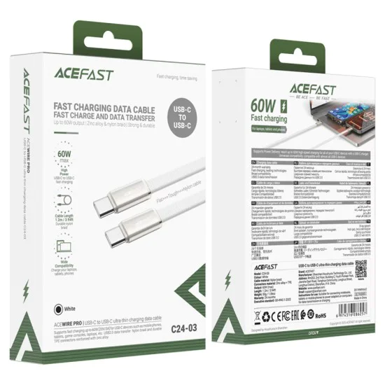 Кабел за данни Acefast (C24-03) - Type-C към Type-C, 60W, плосък дизайн, 1.2м - Бял