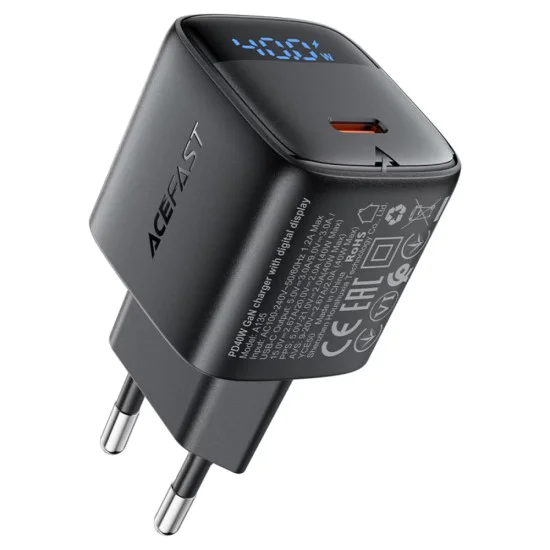 Зарядно устройство Acefast (A135) - Type-C, GaN, PD45W, LED дисплей - Черно