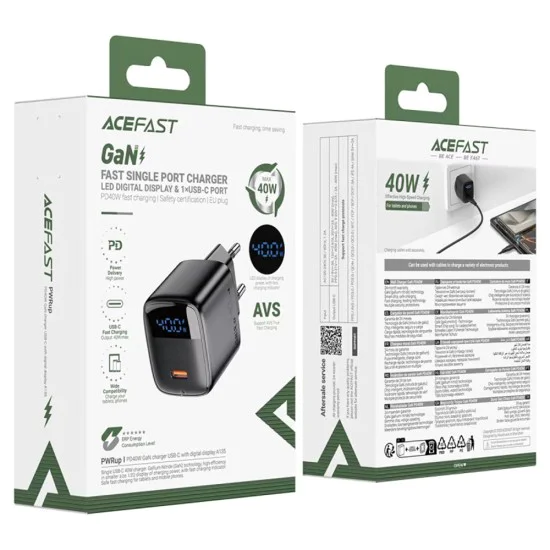 Зарядно устройство Acefast (A135) - Type-C, GaN, PD45W, LED дисплей - Черно