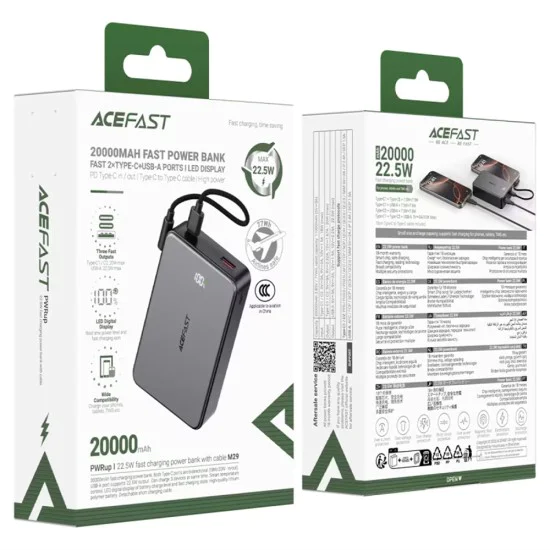 Външна батерия Acefast (M29) - вграден Type-C кабел, дисплей, 20000mAh, 22.5W - Черна