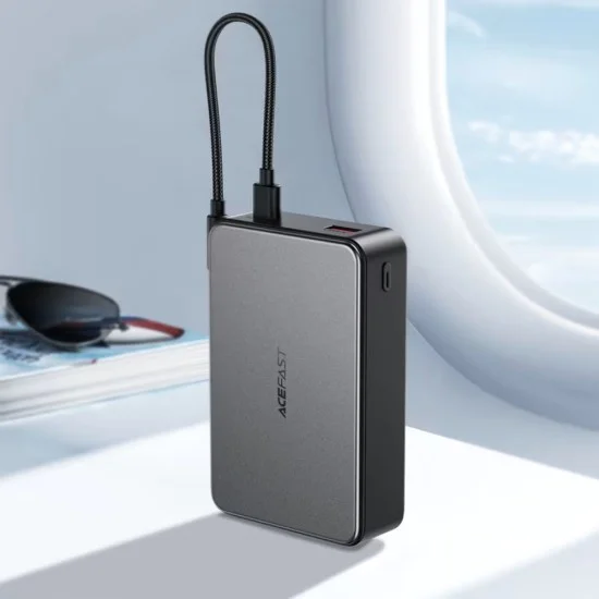 Външна батерия Acefast (M29) - вграден Type-C кабел, дисплей, 20000mAh, 22.5W - Черна