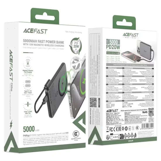 Външна батерия Acefast (M30) - MagSafe, вграден Type-C кабел, 5000mAh, 20W - Черна