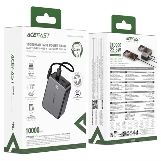 Външна батерия Acefast (M28) - вграден Type-C кабел, дисплей, 10000mAh, 22.5W - Черна