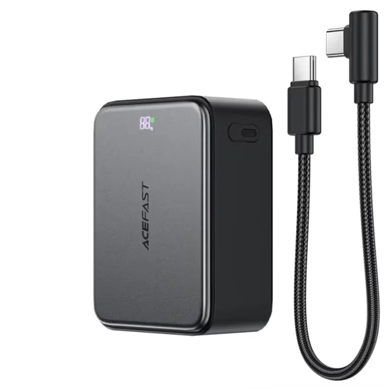 Външна батерия Acefast (M28) - вграден Type-C кабел, дисплей, 10000mAh, 22.5W - Черна