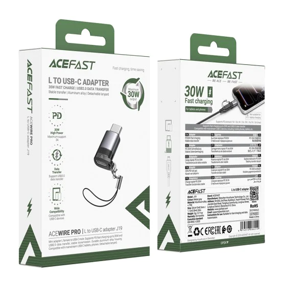 Адаптер Acefast (J19) - Lightning (женско) към USB-C (мъжко), 60W - Сив